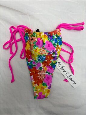 For Love And Lemons Merrill Pink Vibrant Floral Watercolor String Bikini Bottom